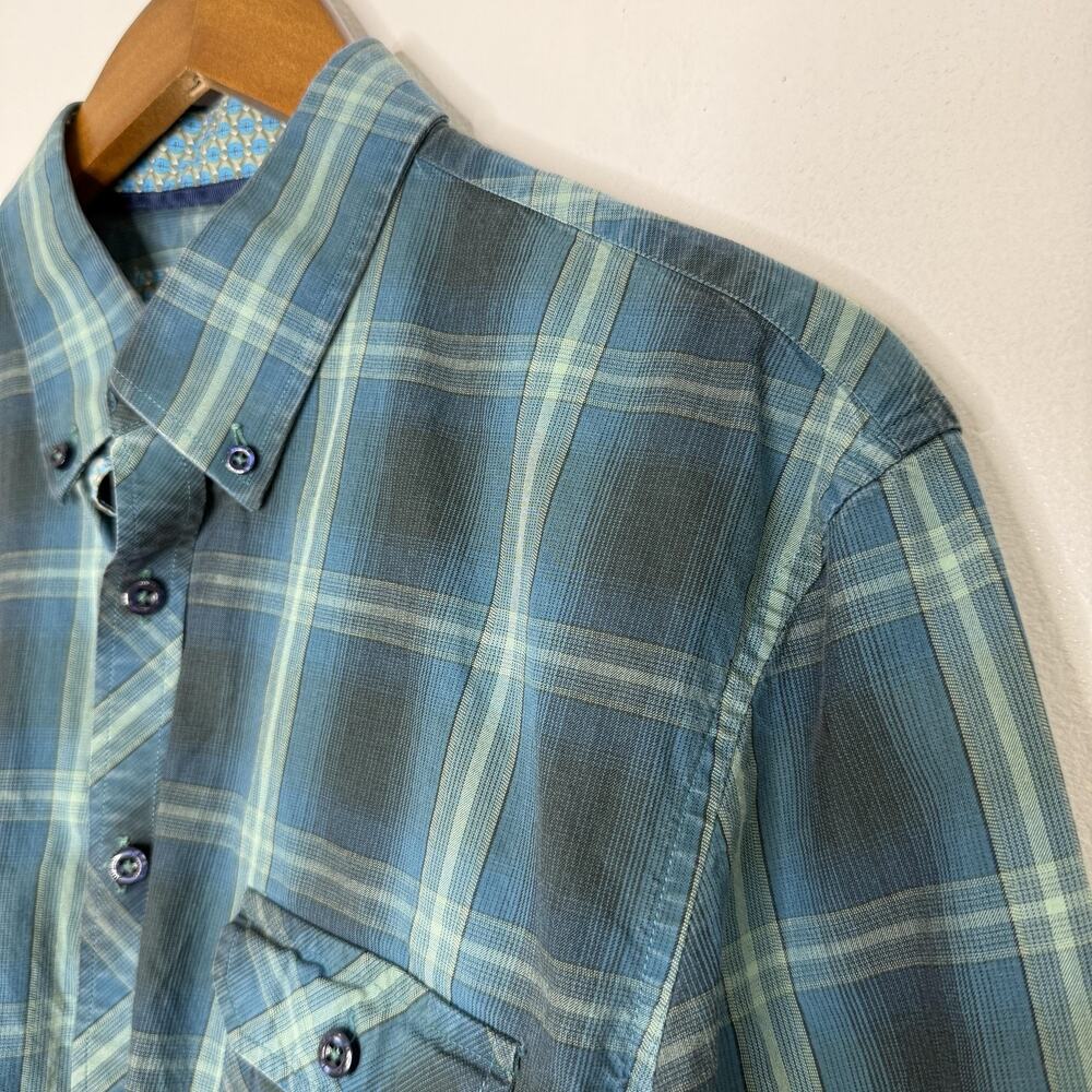 John Lennon Shirt Mens Large Blue Green Plaid Button Down Long Sleeve Casual